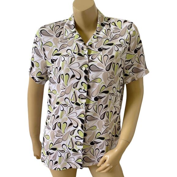 ALIA Womens Size 10 Retro Print Short Sleeve Button Front Collared Shirt - Picture 1 of 6